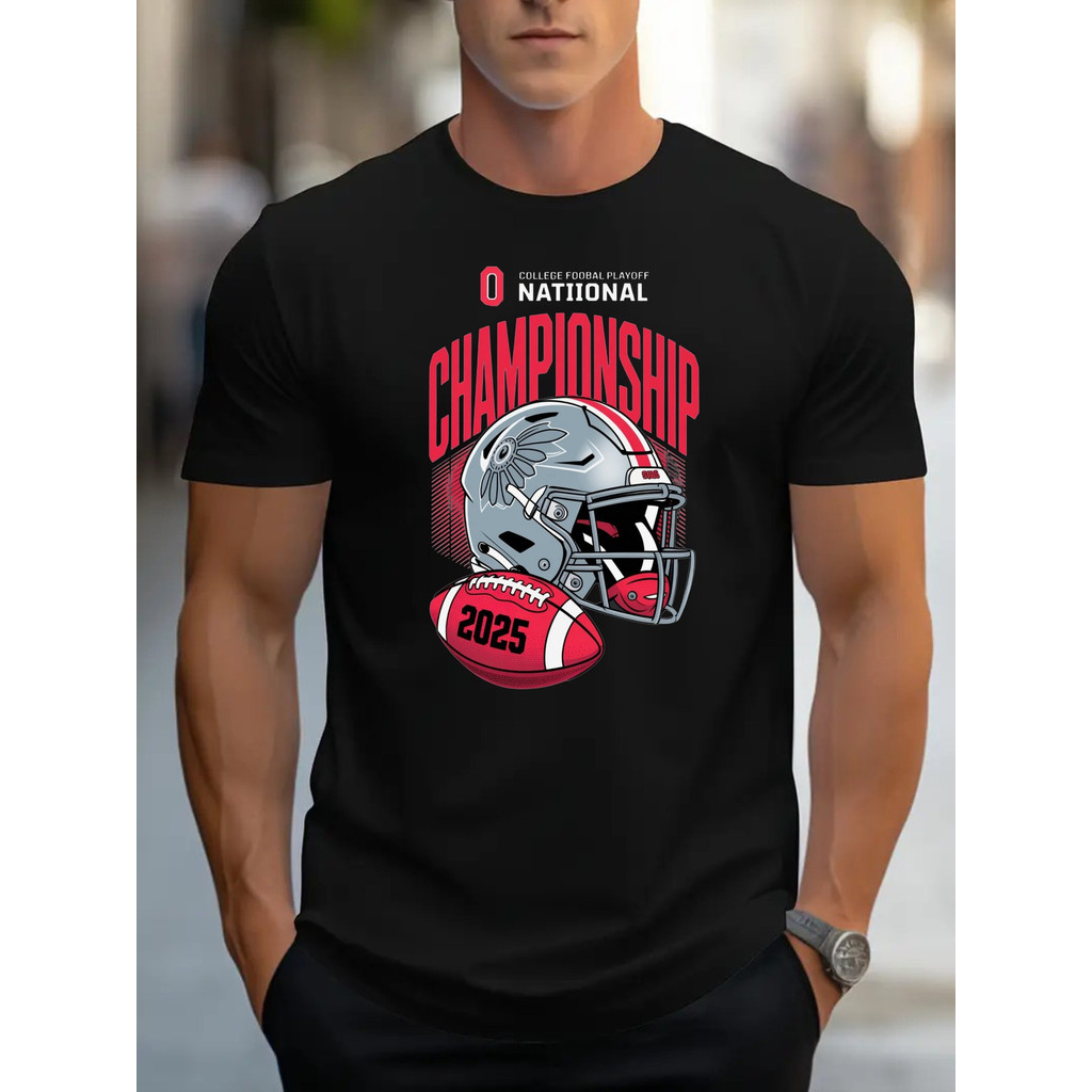 Kemeja Hitam Pola Juara Nasional Pria 2025 - Desain Helm Sepak Bola Merah Putih yang Menarik, Atasan