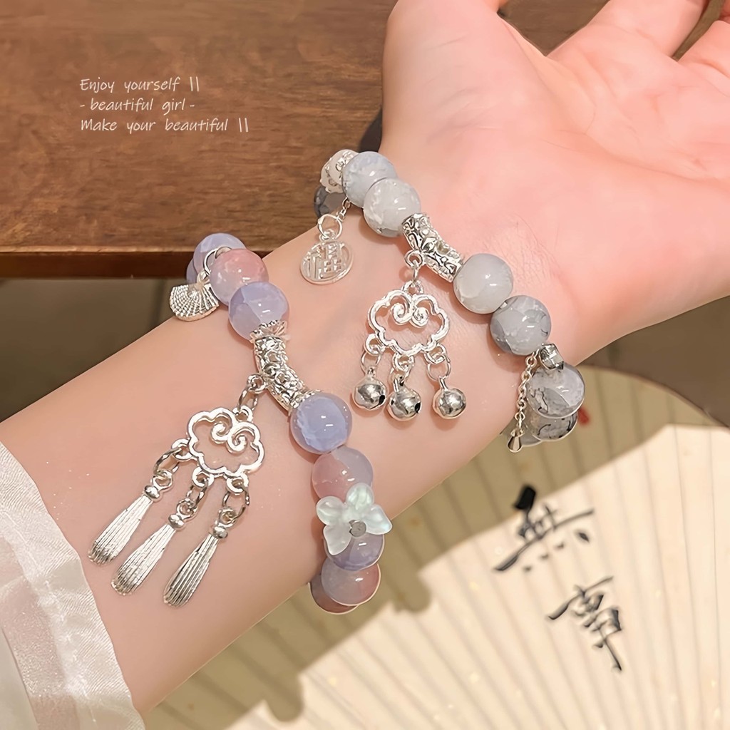 Gelang liontin kunci Ruyi kuno gaya Cina baru, gelang ceruk serbaguna temperamen merek Fu