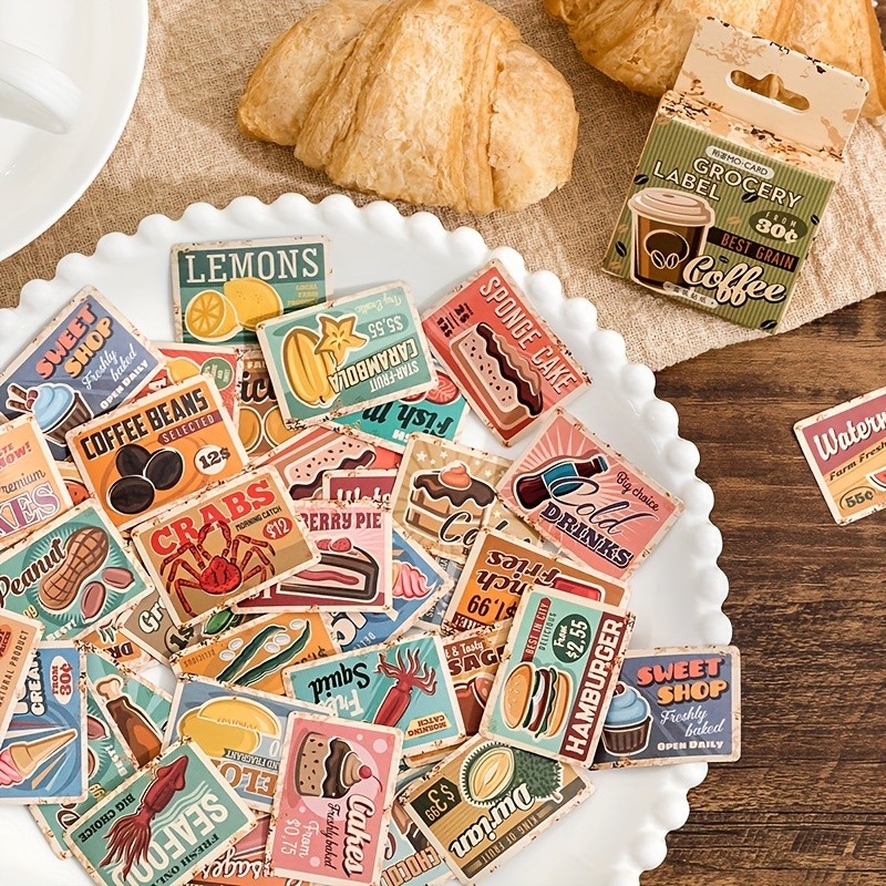 

MOHAMM 45pcs Vintage Label Paper Stickers Coffee Fruit Cake Drinks Decorative Stickers for Collage Scrapbooking DIY Journaling