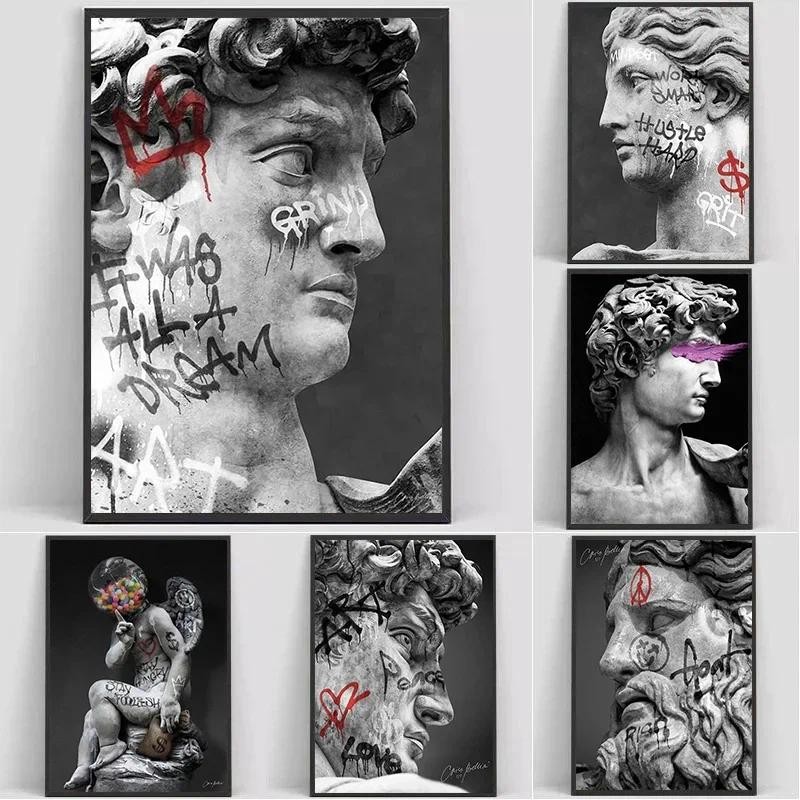 

Statue of David Graffiti Art Canvas Painting David Head Sculpture Posters and Prints Street Wall Art Pictures for Room Decor