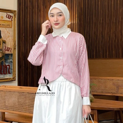 RH - RJD ATASAN WANITA KEMEJA MODEL TERBARU MOTIF SALUR LENGAN PANJANG / JINGGA Blouse Motif Salur L