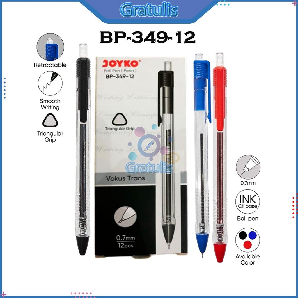 

BALLPOINT VOKUS JOYKO BP-349 [1 PACK/12 PCS] / ALAT TULIS SEKOLAH KANTOR / PENA WARNA HITAM BIRU MERAH / BALPOINT BULPEN POLPEN 1 BOX / PULPEN