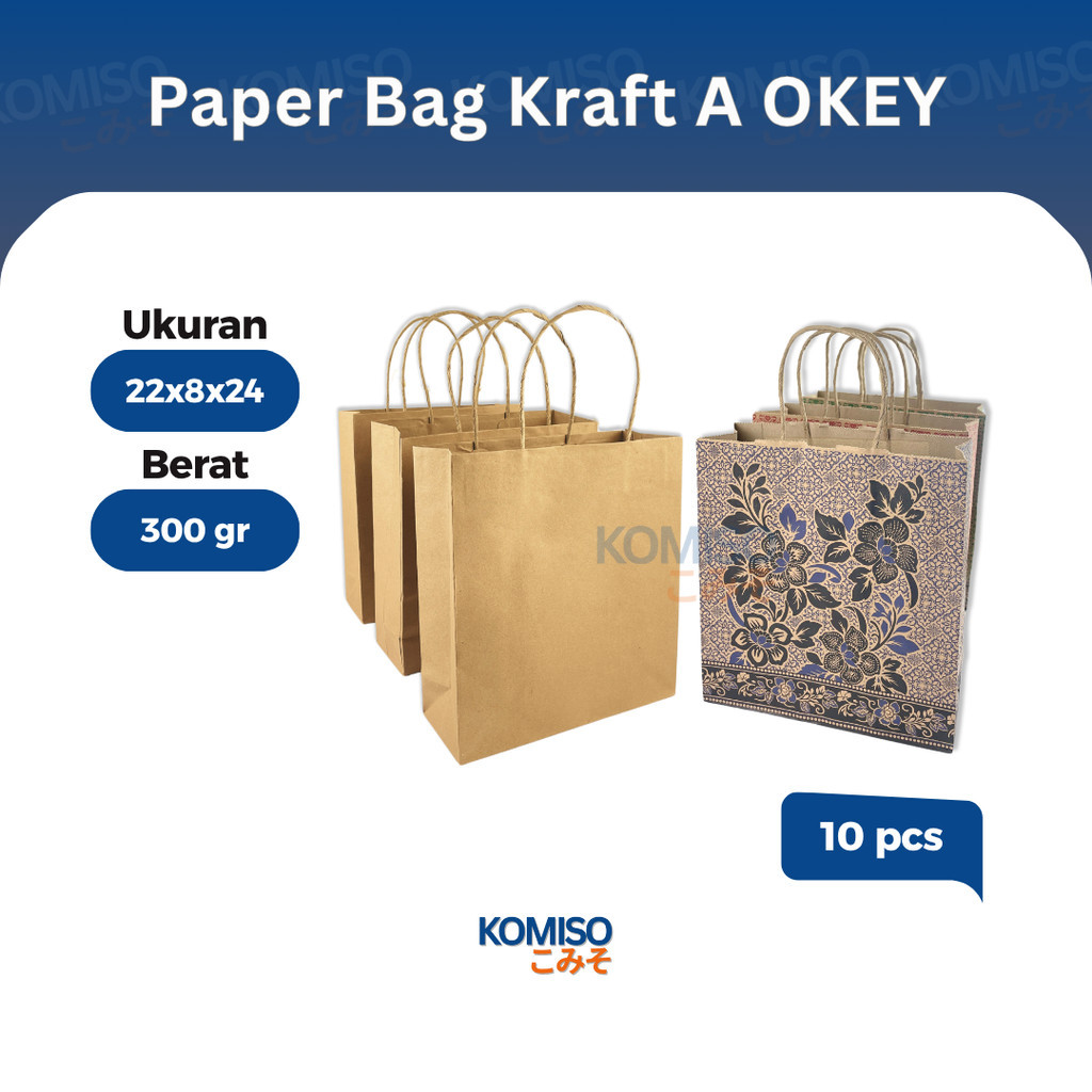 

(10 pcs) Paper Bag Kraft A OKEY Kado Souvenir Tas Kado Motif Batik dan Coklat Polos Twisted Handles Ukuran 22x8x24