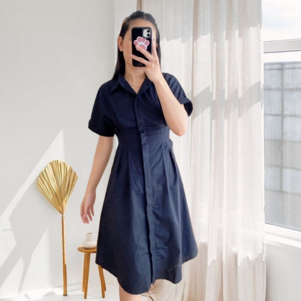 LATIFSHOP Katun PREMIUM ( Hitam ) 997.1038 Karina Midi Dress Press Body Simple Elegan Casual Formal 