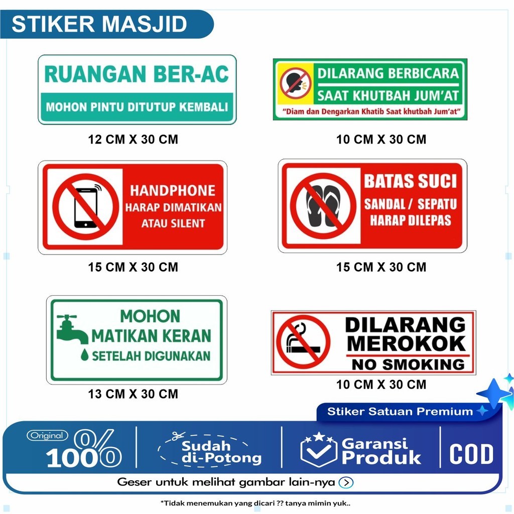 

Stiker Vinyl Larangan di Masjid, Stiker Batas Suci, HP Mohon dinonaktifkan, Jangan berbicara saat Khutbah, Jangan merokok, Ruangan Ber AC, Stiker Matikan Keran