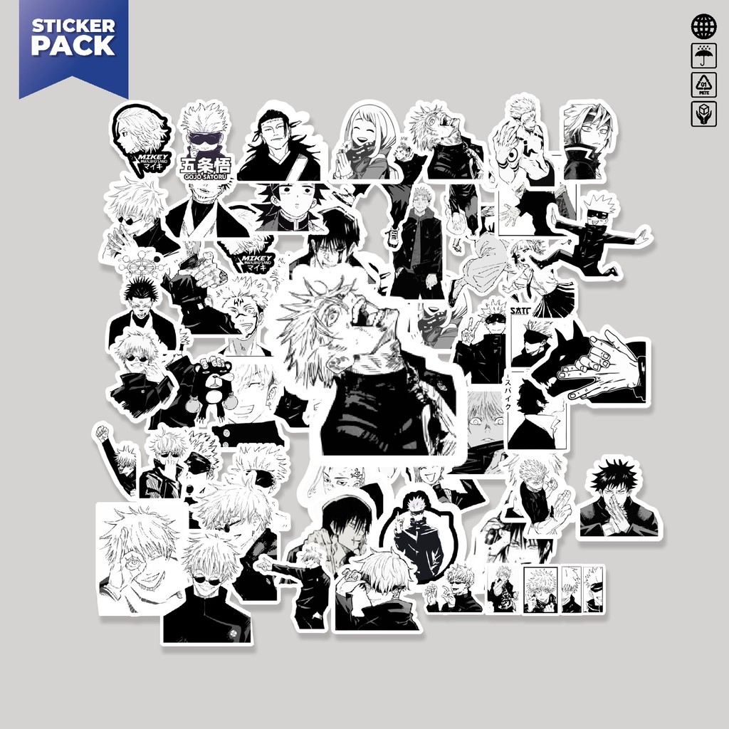 

[100PCS]Stiker Pack Stiker Anime Jujutsu Kaisen Black & White Aesthetic Vinyl Anti Air Dekorasi Sticker Laptop Buku Journal Koper Helm Casing HP Gitar Helm Skateboard