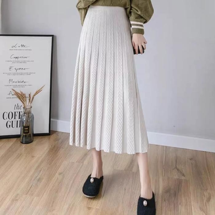 Midi Knit Skirt Rok Rajut Panjang Korea Casual - Cream