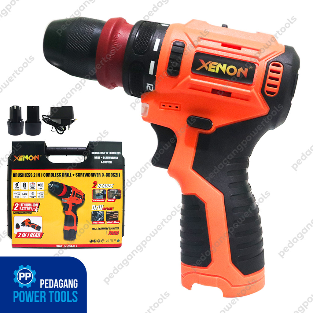 XENON CDDS2I1 Brushless Cordless Drill Screwdriver 2 in 1 Mesin Bor 10 mm Obeng Baterai 12V