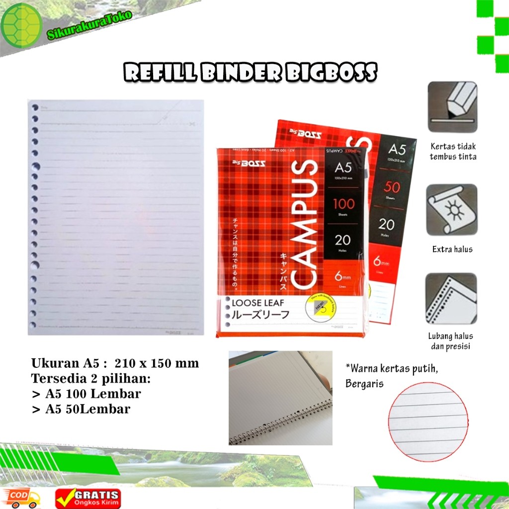 

BigBoss Loose Leaf A5 A4 50 & 100 Lembar - Reffil Kertas Binder Berlubang Big Boss Campus Bergaris Lubang Garis