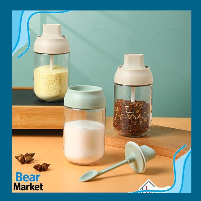 BEAR  Botol Tempat Bumbu Dapur Gula Minyak Kecap Micin Toples Kaca - Hijau, Packing Bubble