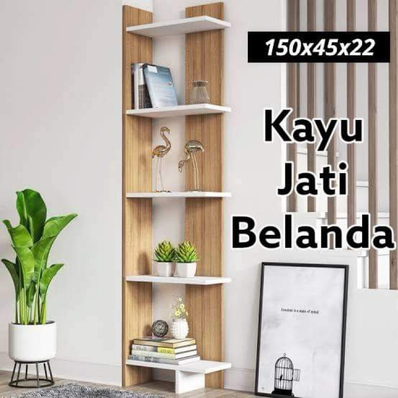 Promo Rak buku kayu jati belanda/Rak Sudut ruang tamu/rak buku dinding sudut/rak bunga