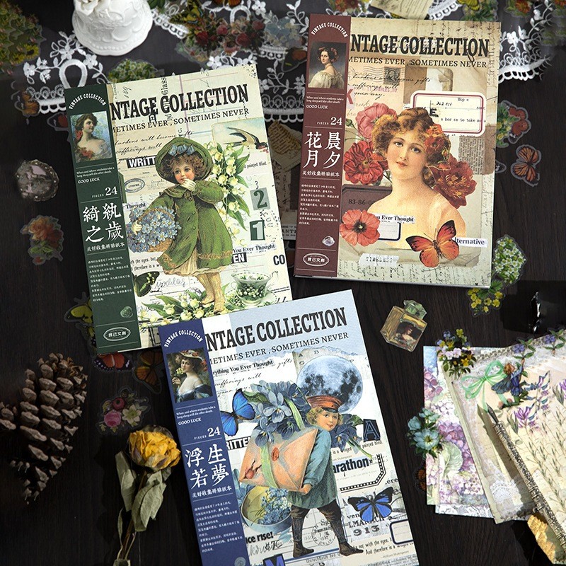 

[Gongjin] Book Sticker Vintage Collection VC Buku Stiker Retro Washi Tape Paper Kupu Bunga Huruf