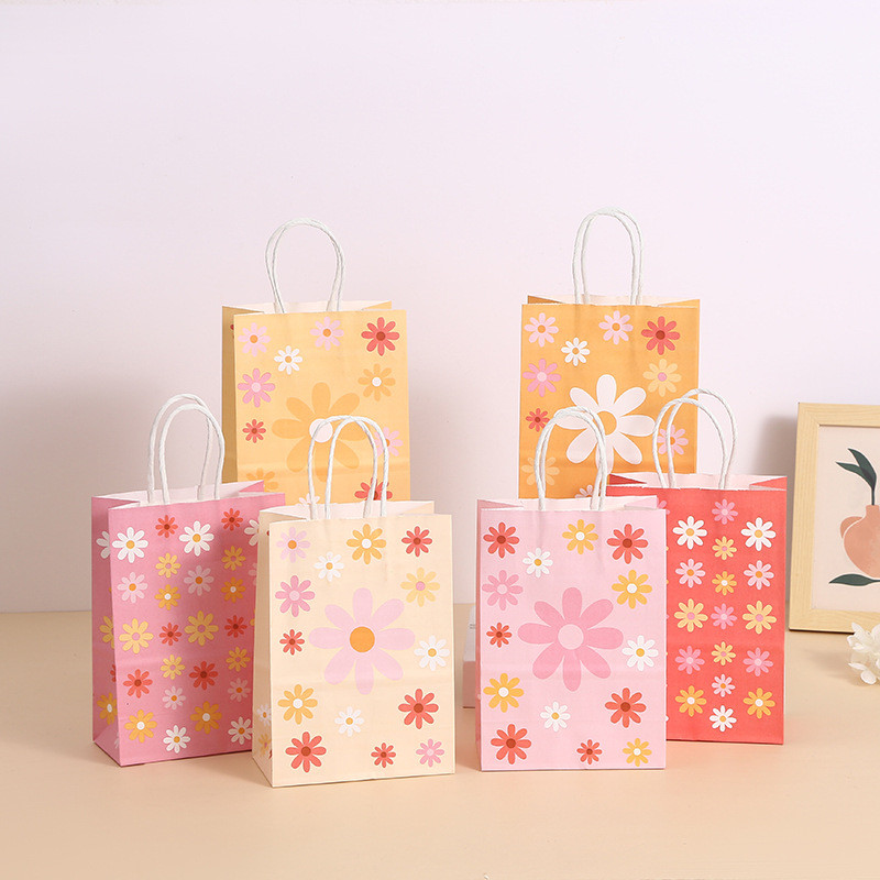 

6Pcs Sweet Daisy Flower Paper Kraft Gift Packing Bags with Handle Candy Favor Bag Wedding Baby Shower Kids Birthday Party Decor