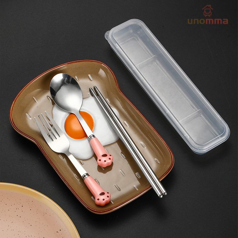 Peralatan Makan Gagang Keramik Sendok Makanan Penutup Stainless Steel Sendok Garpu Sumpit Set Rumah 