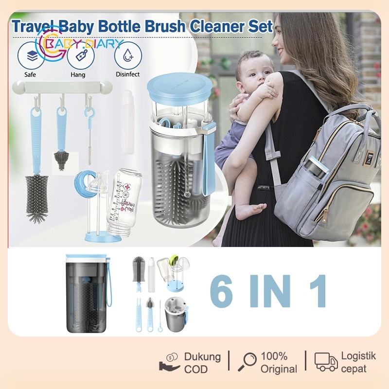 [COD] 6 in 1  Set Sikat Botol Portabel / Sikat Botol Silikon Sikat Puting Sikat Peniris Set