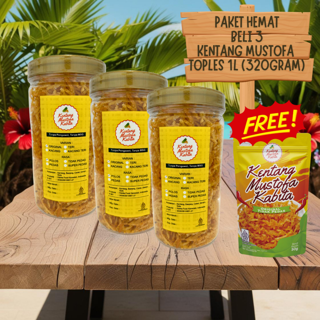

Paket Bundling Spesial Kentang Mustofa Kabita (Kemasan Toples 1L) FREE KMK Original 50g