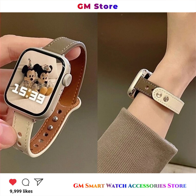 Tali kulit dengan paku keling ganda For Apple Watch S10 42mm 45mm S8 S9 Ultra 2 44mm 41mm 40mm 38mm 