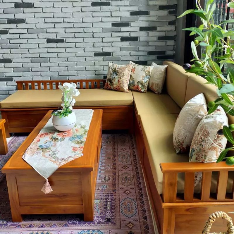 Kursi Tamu Sudut Custom Jari Jari Kayu JATI / Kursi Tamu Minimalis JATI / Kursi Tamu Sofa Kayu JATI 
