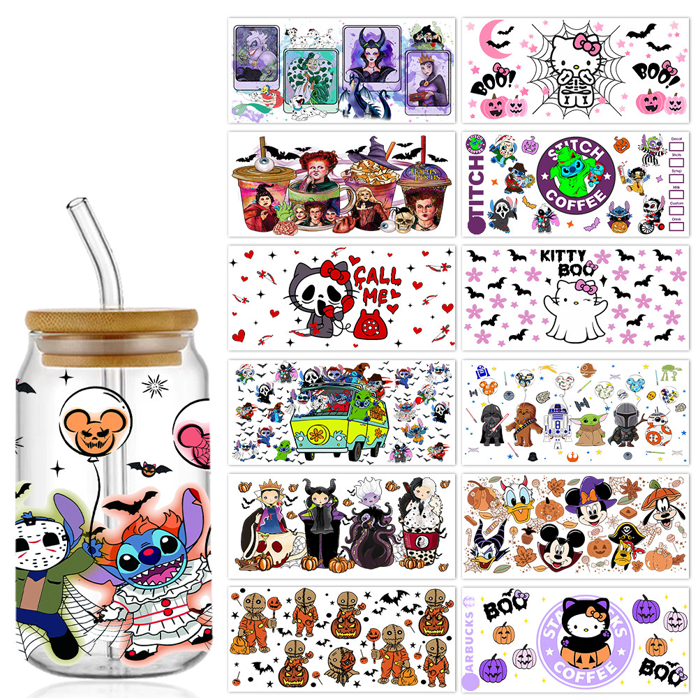 

Cartoon Halloween Kitty Libbey 16oz UV DTF Cup Wrap Beer Glass Can Wrap DIY Sticker Permanent Adhesive Waterproof Washable