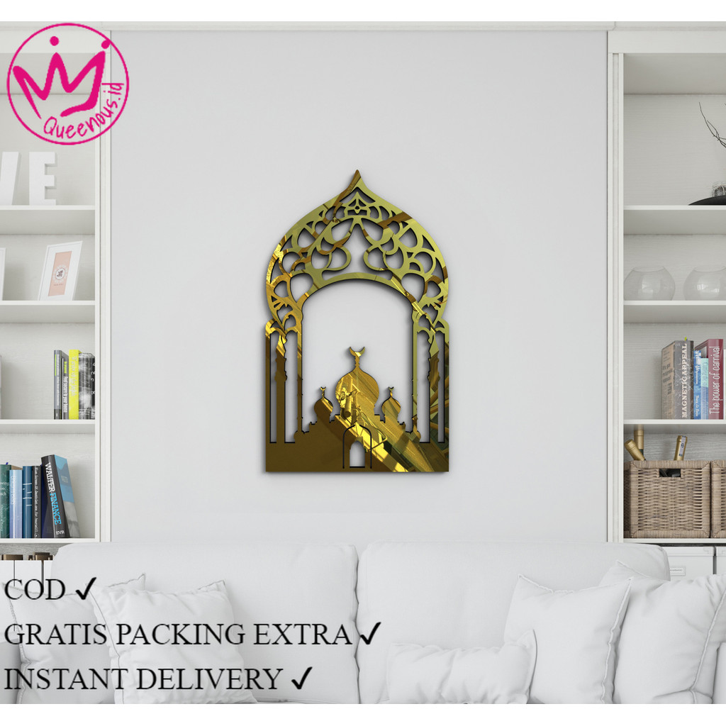 Mihrab Akrilik Model Kubah Motif Aesthetic Hiasan Dinding Musholla Masjid Custom Ukuran Kecil