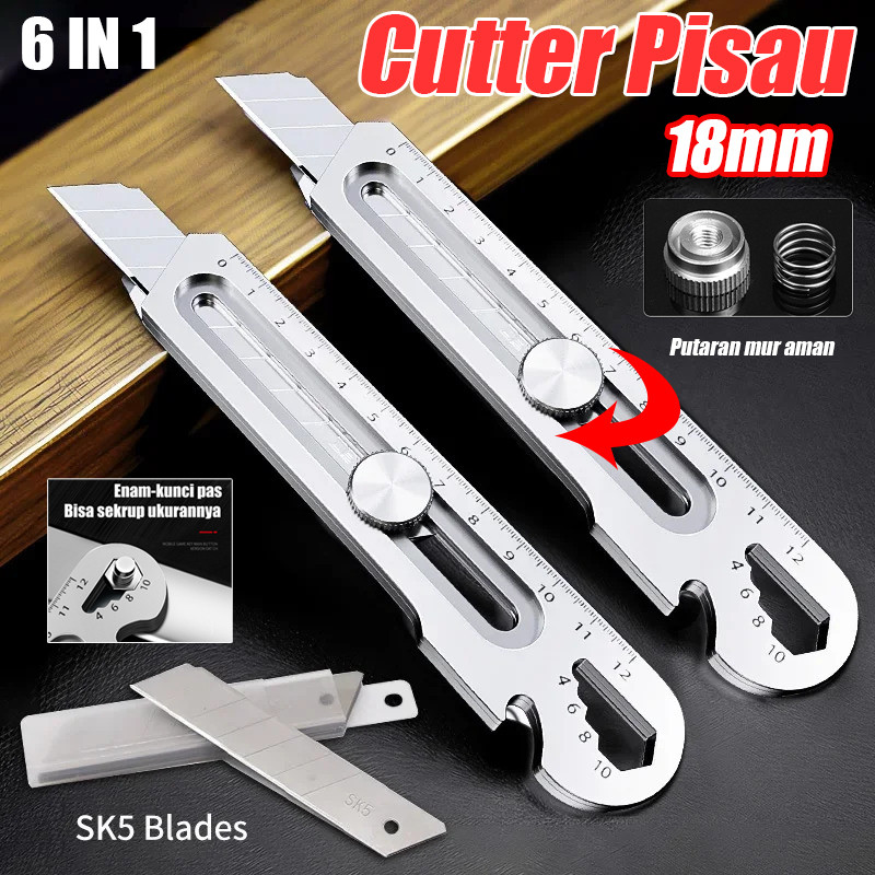 

【COD】Cutter Stainless Steel 6in1 Pisau Cutter Pisau Set Cutter Pisau Pemotong Kertas 18mm Multifungsi Cutter Pisau Baja Besar