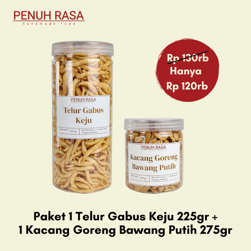 

Paket 1 Telur Gabus Keju 225 gr + 1 Kacang Goreng Bawang Putih 275 gr