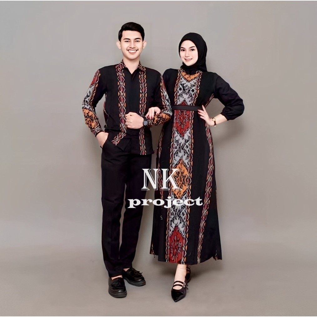 BAJU COUPLE BATIK TENUN FATMA HITAM MARON KEMEJA PRIA DAN GAMIS KONDANGAN NK PROJECT