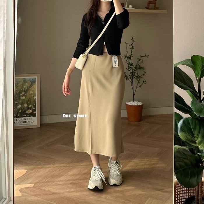 Yoon Skirt 590 - Rok Midi Slit Anti Kusut - Korean Loose Skirt Wanita - Sage