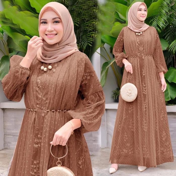 Gamis Salina Tile Mutiara Busui Dress dengan Tangan Wudhu Friendly dan Aksesoris Mutiara di Pinggang