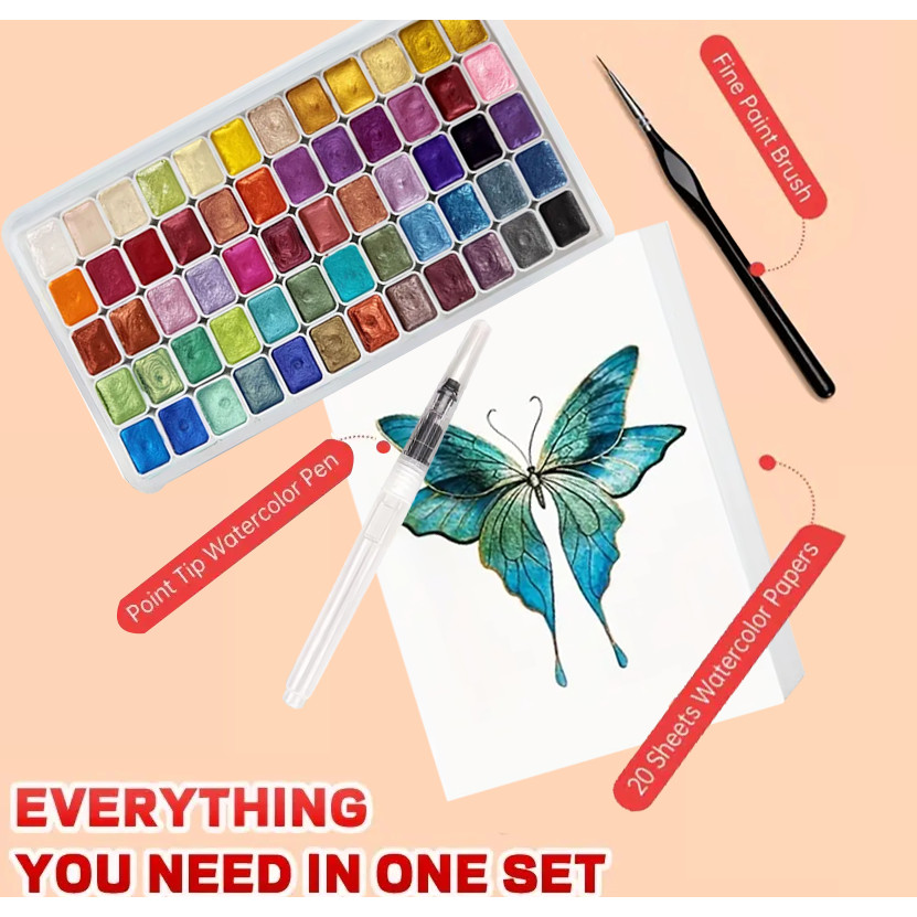 

82pcs Professional Watercolor Paint Set, 60 Colors Pearlescent Solid High Pigment, with 2pcs Paint Brushes And 20 Sheets Paint.
