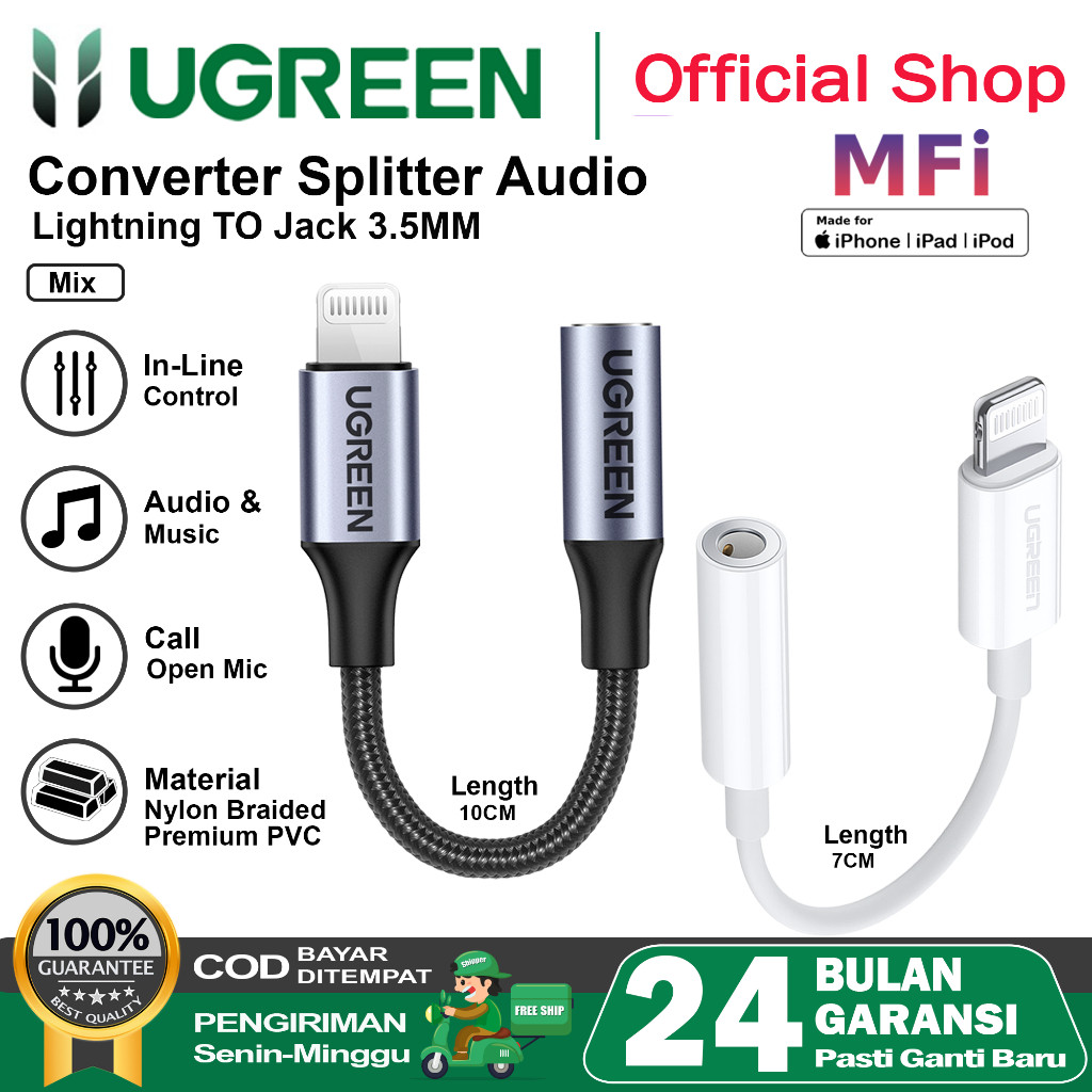 UGREEN Converter Splitter iPhone Mfi Lightning To Jack 3.5Mm Original