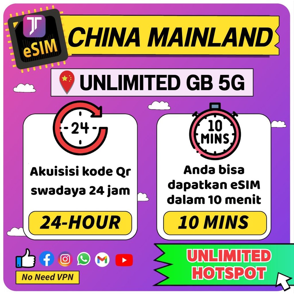 JTravel eSIM CHINA MAINLAND Unlimited HOTSPOT GB Kuota 3~30 Hari Travel Digital eSIM B