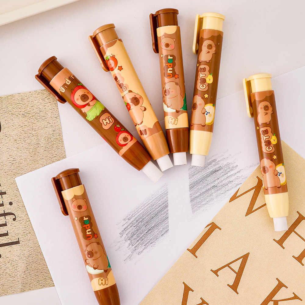 

12 Pcs Wholesale Cute and Extendable Cartoon Otter Push-pull capybara Erasers for Students, No Trace for Learning Stationery