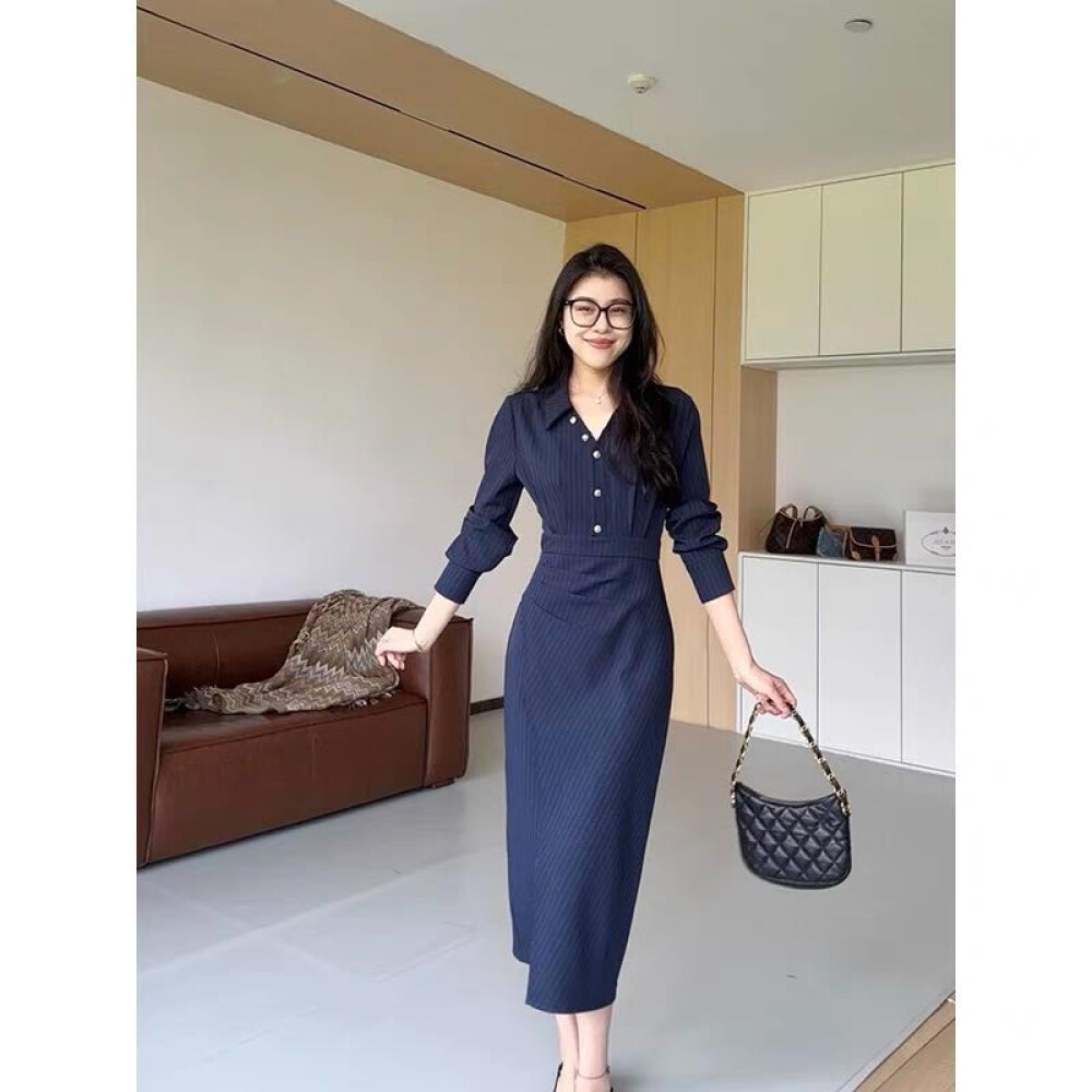 FADFAD Gaun Wanita Lengan Panjang Rok Panjang Sedang Gaya Kasual