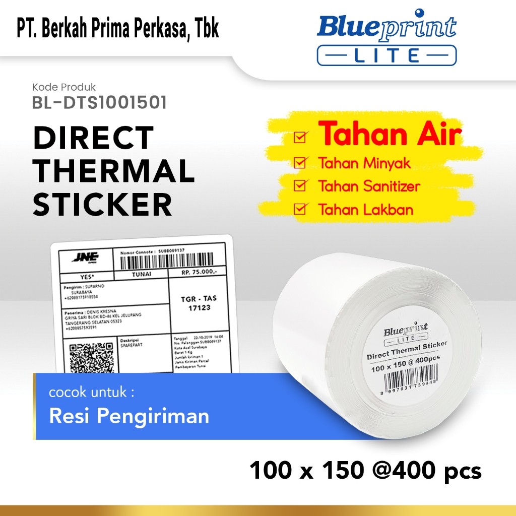 

Direct Thermal Sticker 100 x 150 Stiker Label Resi BLUEPRINT Lite 100x150 Mm Isi 400Pcs