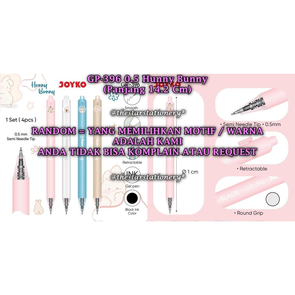 

(1 Biji) GROSIR Gelpen JOYKO GP-396 Hunny Bunny Hitam 0.5 Gel Pen Pulpen Pena Joyko GP-396 (1 Biji)