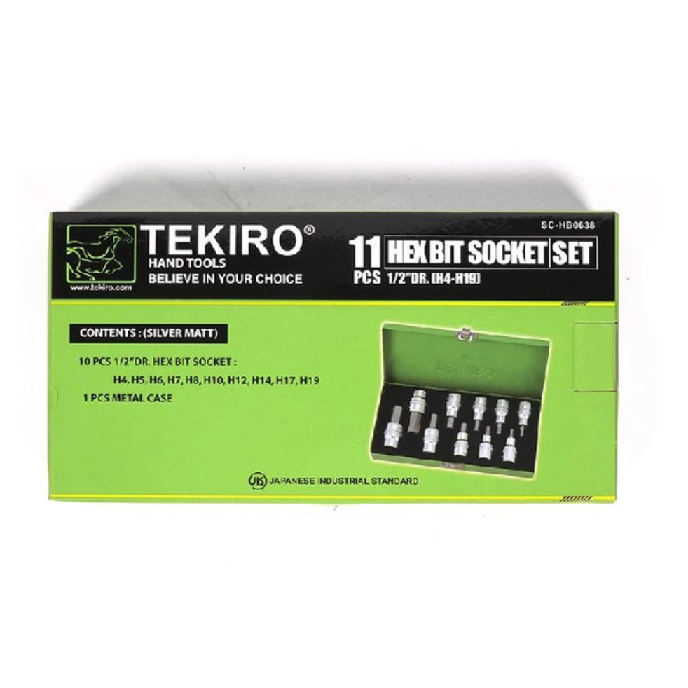 Set Soket TEKIRO Hex Bit 11 PCS – Kunci Sok 1/2 Inch H4 hingga H19 + Kotak Besi