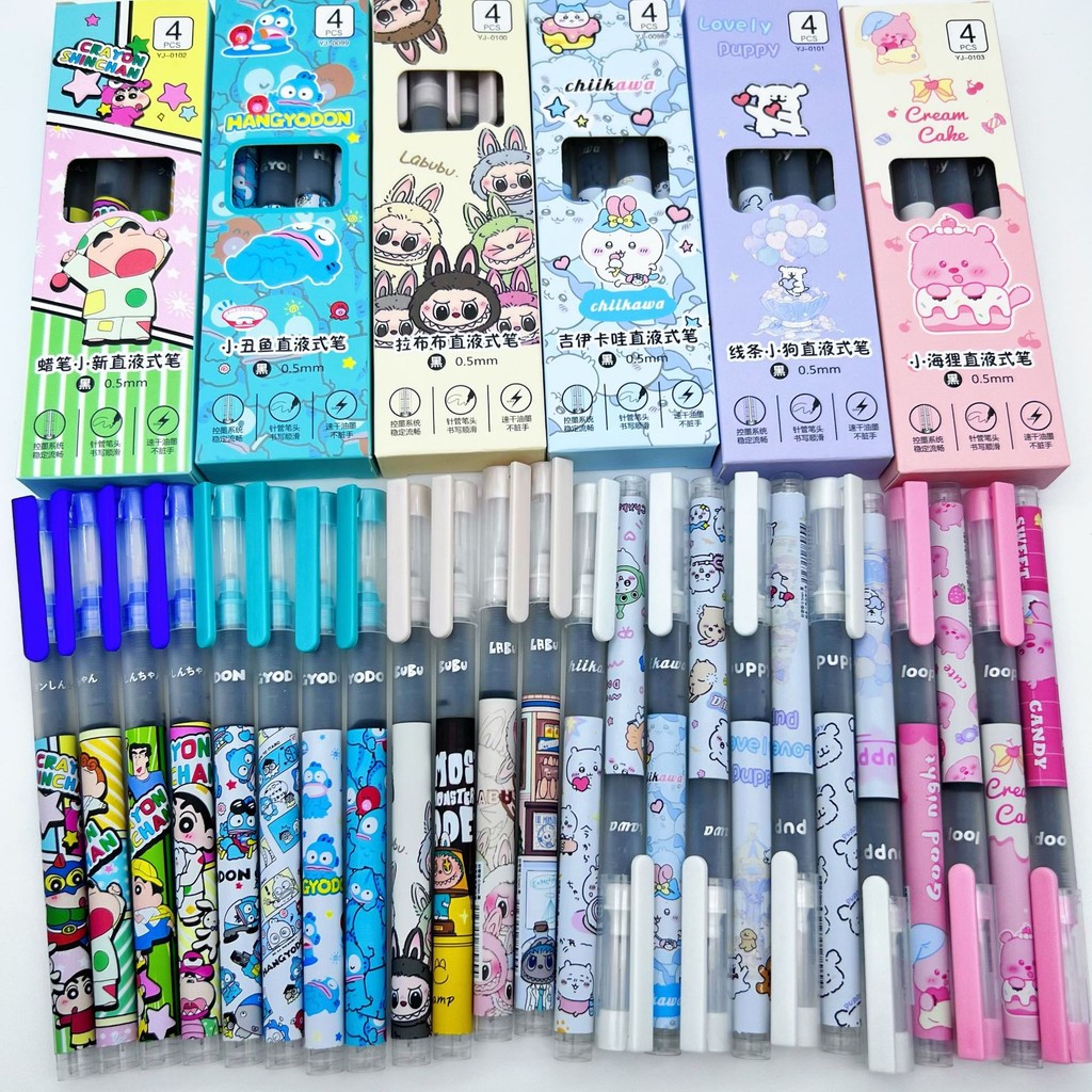 

VIRAL! 1 SET 4 PCS PULPEN GEL TINTA CAIR WANA HITAM KARAKTER LABUBU, SHINCHAN, LOOPY KAWAII