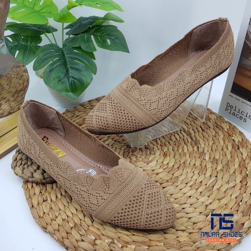 JAMIN MURAH NAURA SHOES Sandal Dan Sepatu Wanita Dewasa YUMNA PMF64 Flatshoes Rajut Halus Slip On Pa