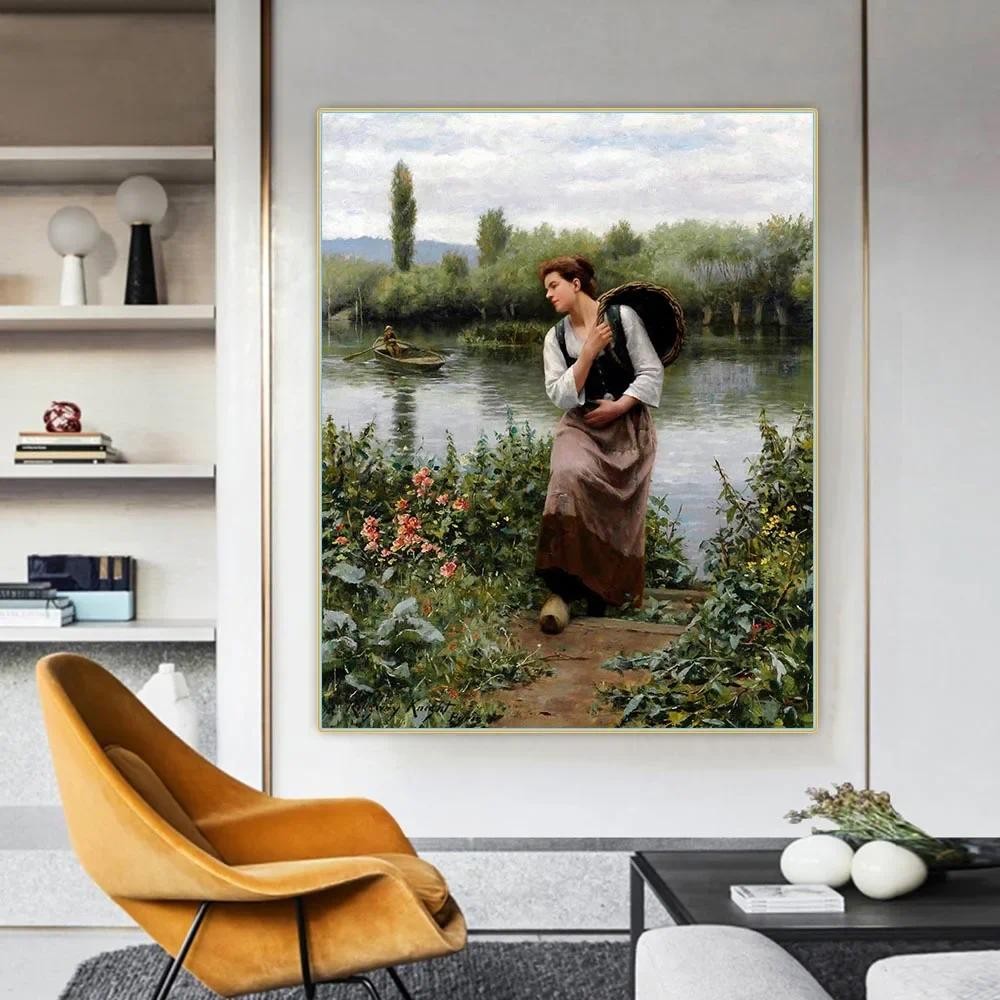 

A woman with a basket by Daniel Ridgway Knight Canvas Oil Painting Aesthetics Picture Wall Art Decor Home Living Room Decoration