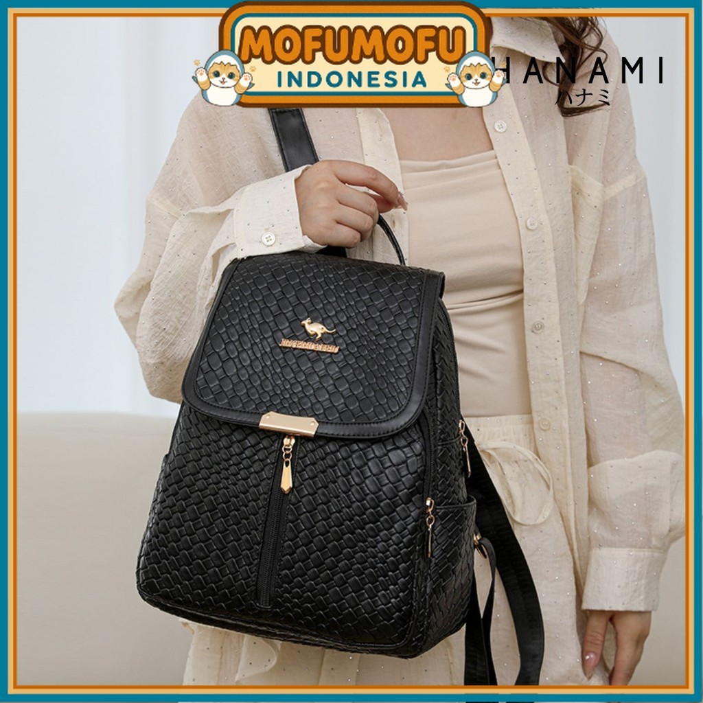 HANAMI Tas Ransel Backpack Sekolah Hitam Kulit Kerja Mirena Korea Remaja TA1133B5 Fashion Wanita Kek