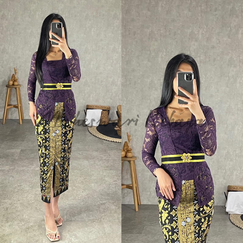 Kebaya Bali Set Brukat Panjang Ungu Juwet Ukuran S-2XL