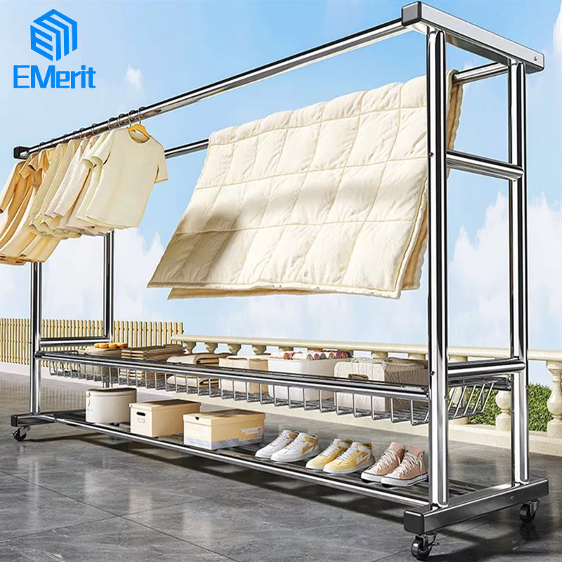 Rak Gantungan Baju Berdiri Stainless Jemuran Baju Besi Kuat Besar Jemuran Baju Stainless Dengan Roda