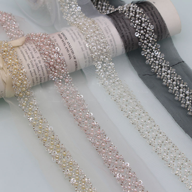 

1Y Sequin Beaded Lace Ribbon Garment Sewing Accessories Trimmings For Clothing Dress Collar Cuff DIY Crafts Needlework Applique