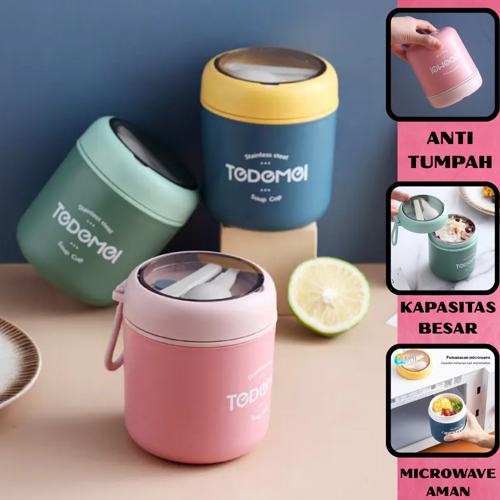 Tempat Kotak Bekal Makanan Termos Sup Soup Kuah Sayur Tedemei Cup BPA Free Sendok Anti Bocor Tumpah 