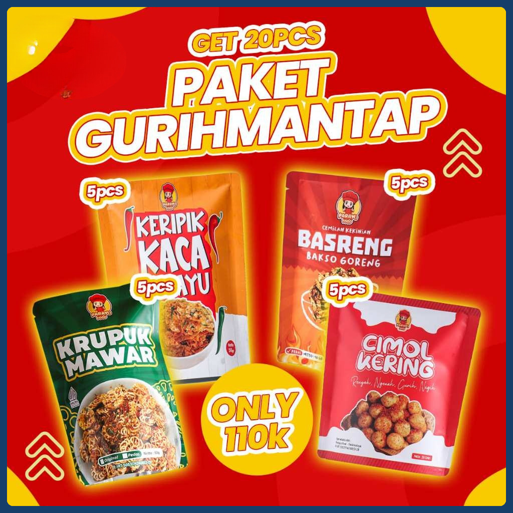 

Parayu Food - Paket Usaha 20 Pcs Ukuran 50gr Varian Cimol Kripca Kerupuk Mawar Kerupuk Basreng