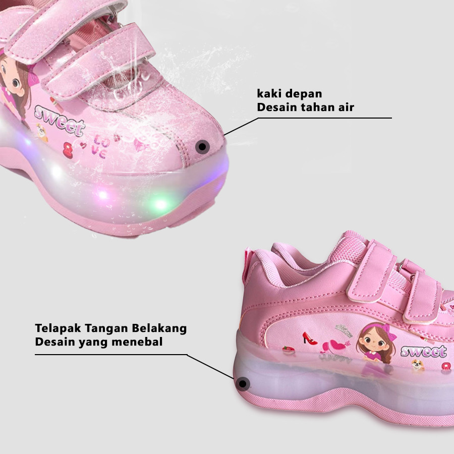 AZHAR.ID Sepatu Roda Anak Perempuan 4 Roda + Lampu LED - Sepatu Sport & Luncur Keren untuk Sekolah