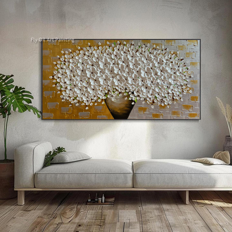 

Large Artwork Handmade White And Yellow Flowers Vase Knife Thick Canvas Oil Painting Modern Original Design Floral Tree Wall Art