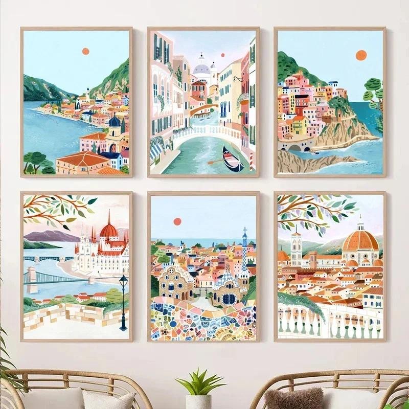 

Canvas Painting Wall Art Nordic Travel City Positano Lisbon Amsterdam Landscape Poster Bedroom Home Decor Housewarming Gift