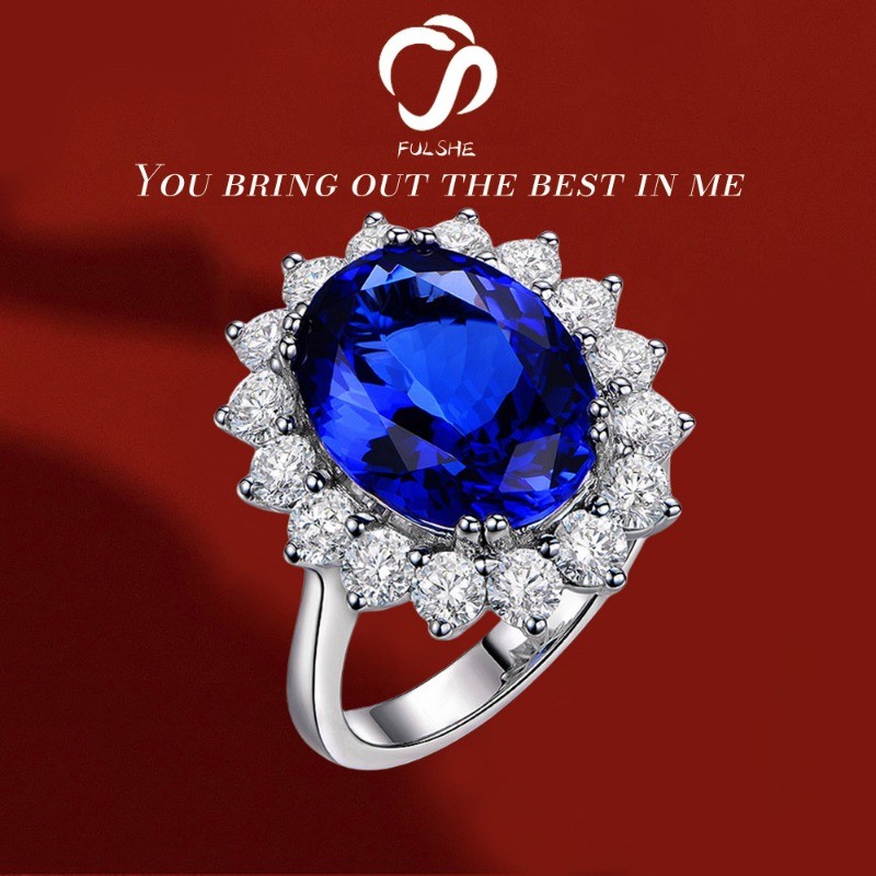 FULSHE Cincin Berlian Oval Berwarna Telur Merpati Fashion Wanita Klasik Asli Zirkon Biru Cincin Pern